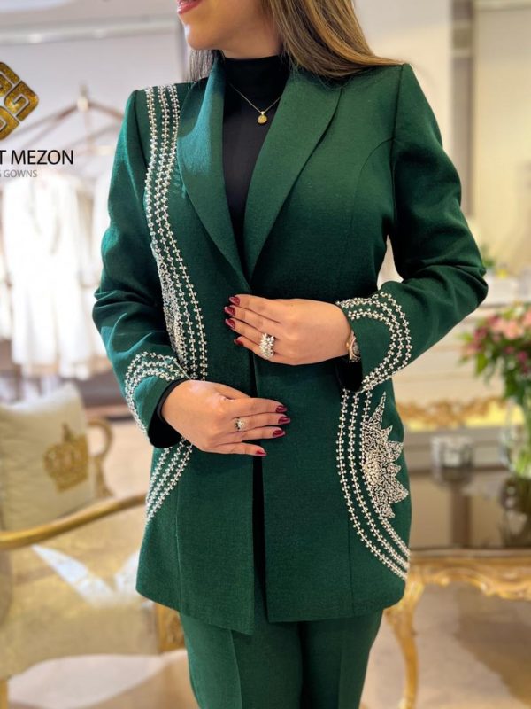 کت و شلوار زنانه مجلسی سبز جواهر دوزی