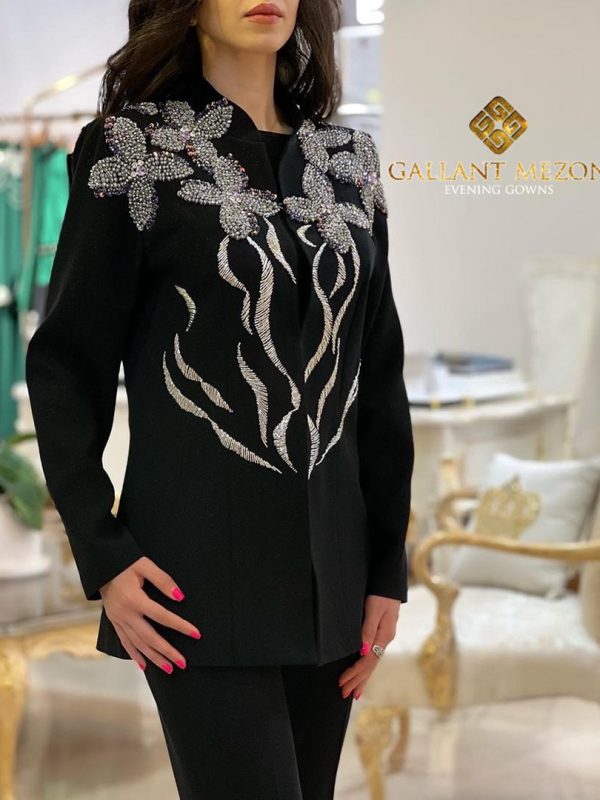 کت و شلوار مجلسی زنانه مشکی جواهر دوزشده مزون گالانت