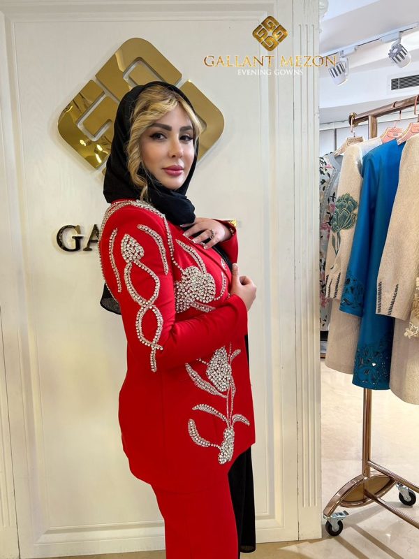 کت و شلوار زنانه مجلسی نارنجی جواهر دوز مزون گالانت