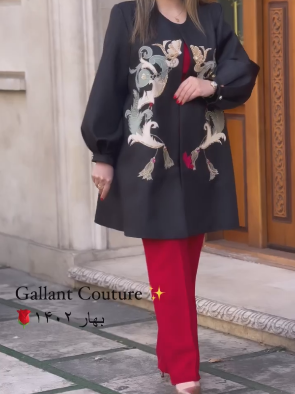 ست مانتو مجلسی، تاپ و شلوار گلدوزی مزون گالانت