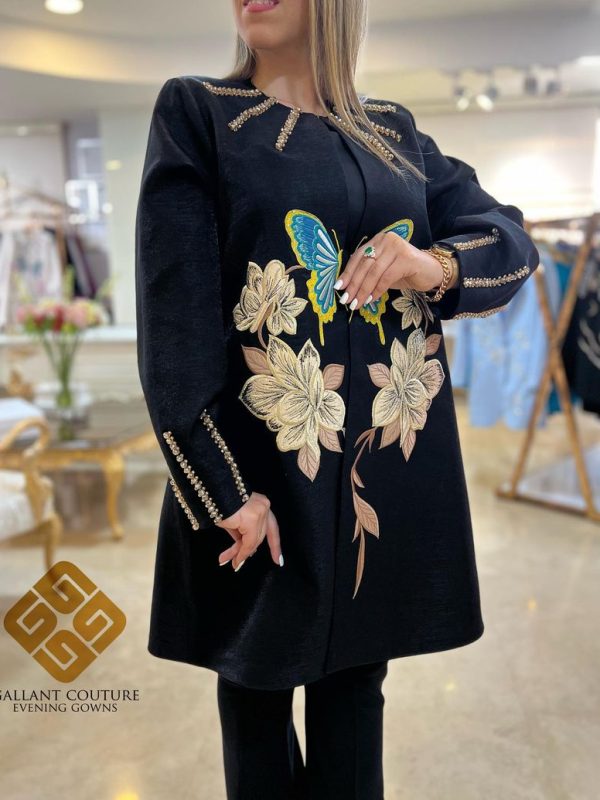 مانتو مجلسی مشکی گلدوزی و تیکه دوزی مزون گالانت