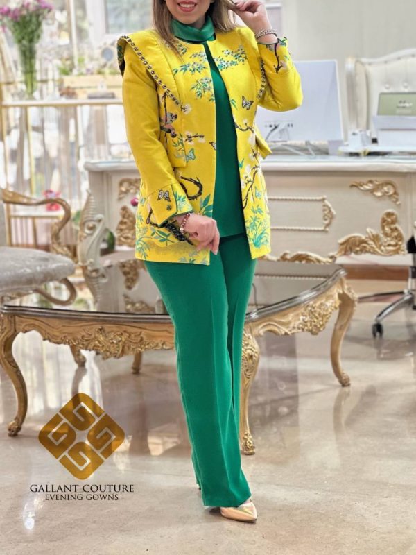 ست کت، تاپ و شلوار فوق زیبا زرد و سبز   مزون گالانت
