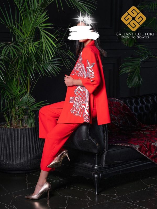 کت و شلوار لاکچری نارنجی گلدوزی ابریشم مزون گالانت