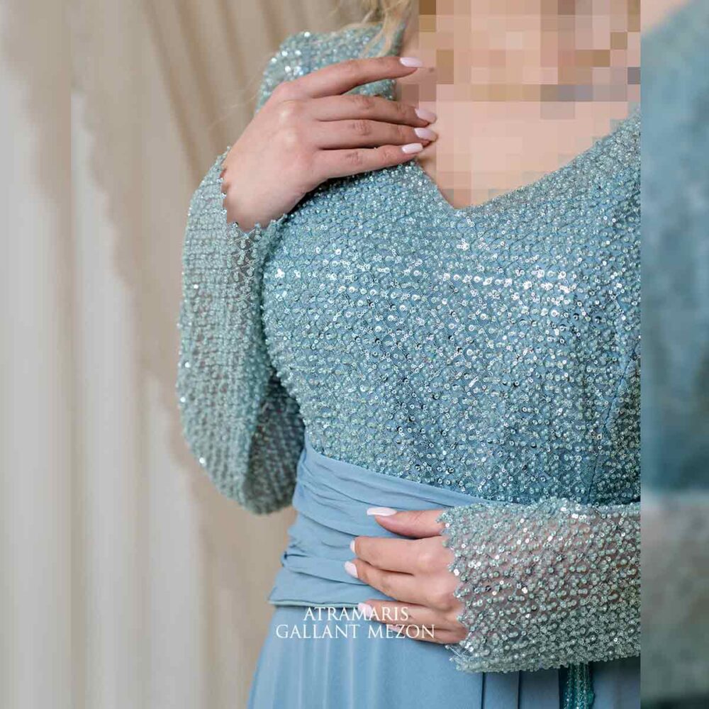 لباس مجلسی زنانه پوشیده آبی - تصویر 4
