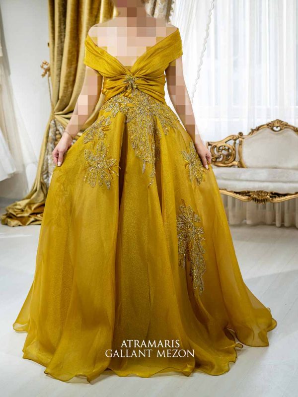 پیراهن مجلسی بلند زنانه خردلی