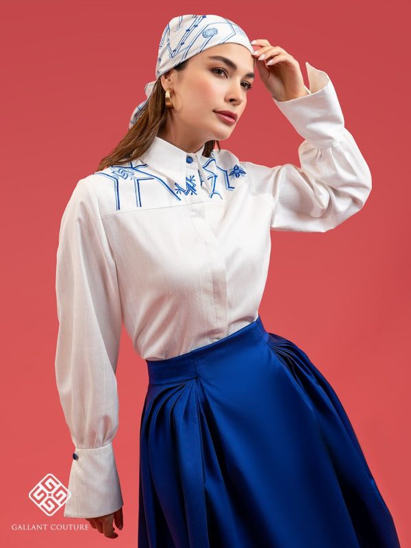 کت دامن مجلسی سفید آبی گلدوزی