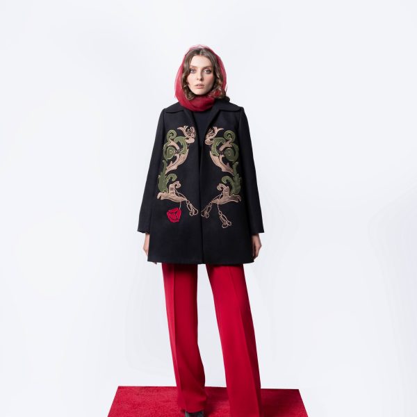 پالتو فوتر ترک مشکی گلدوزی و تکه دوزی ابریشم فری سایز