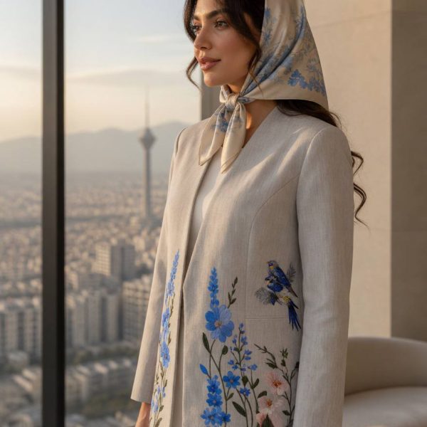 مانتو مجلسی سفید با گلدوزی آبی مزون گالانت