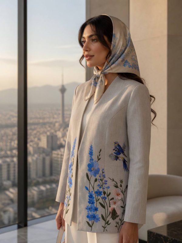 مانتو مجلسی سفید با گلدوزی آبی مزون گالانت