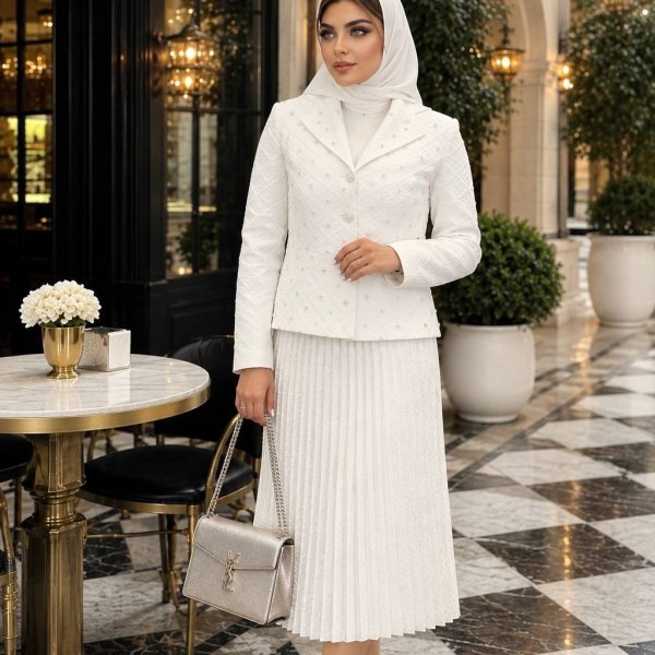 کت سفید با دامن کرم مجلسی عقد