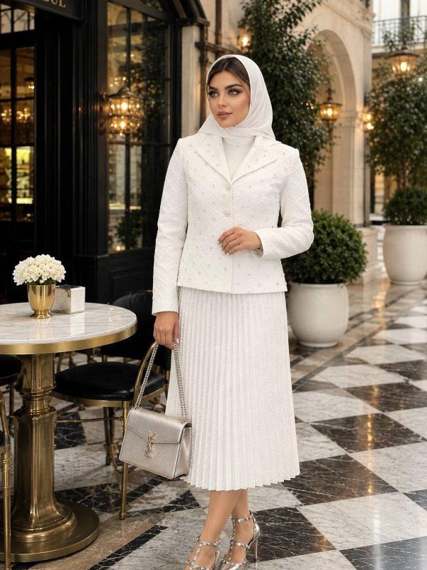 کت سفید با دامن کرم مجلسی عقد