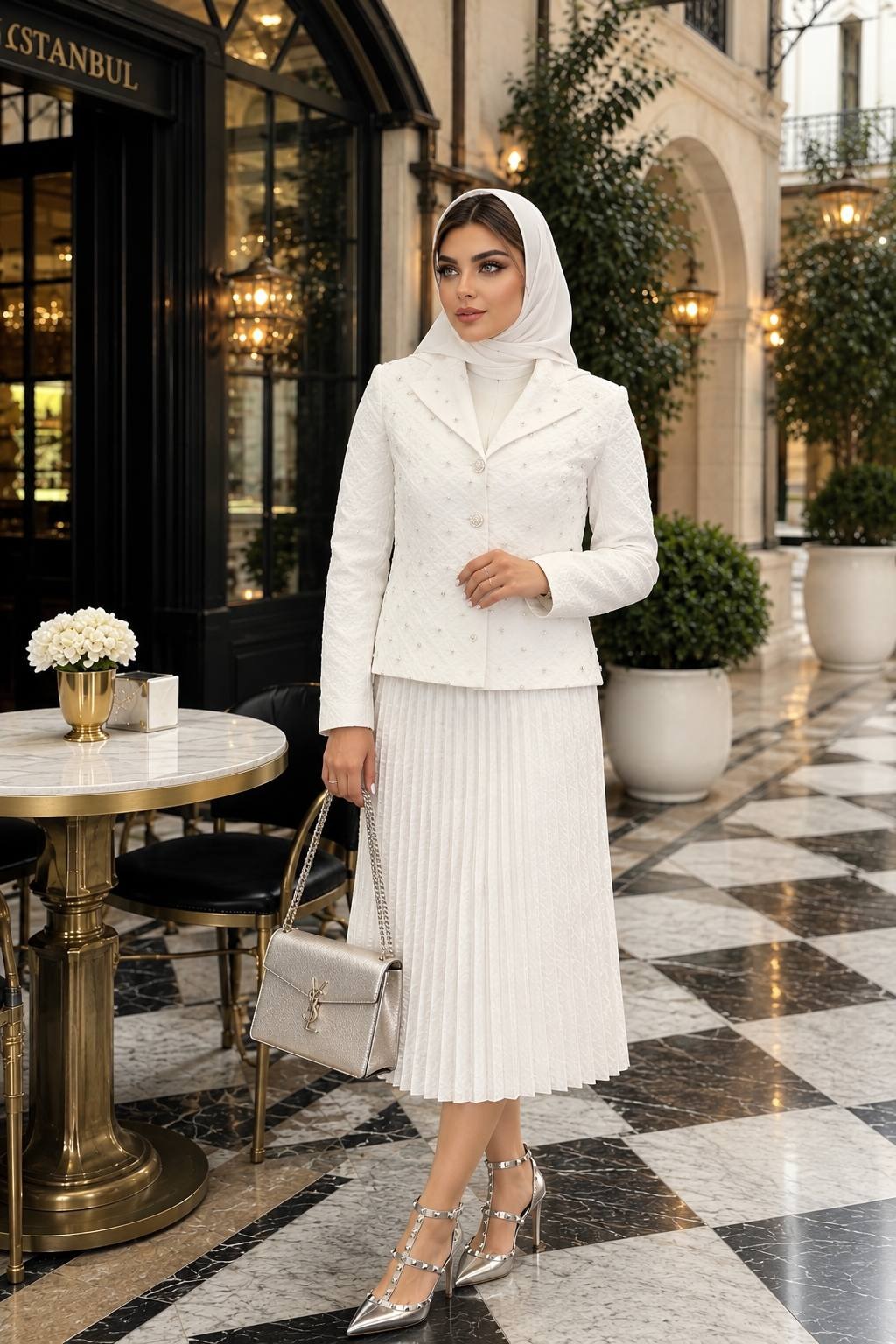 کت سفید با دامن کرم مجلسی عقد