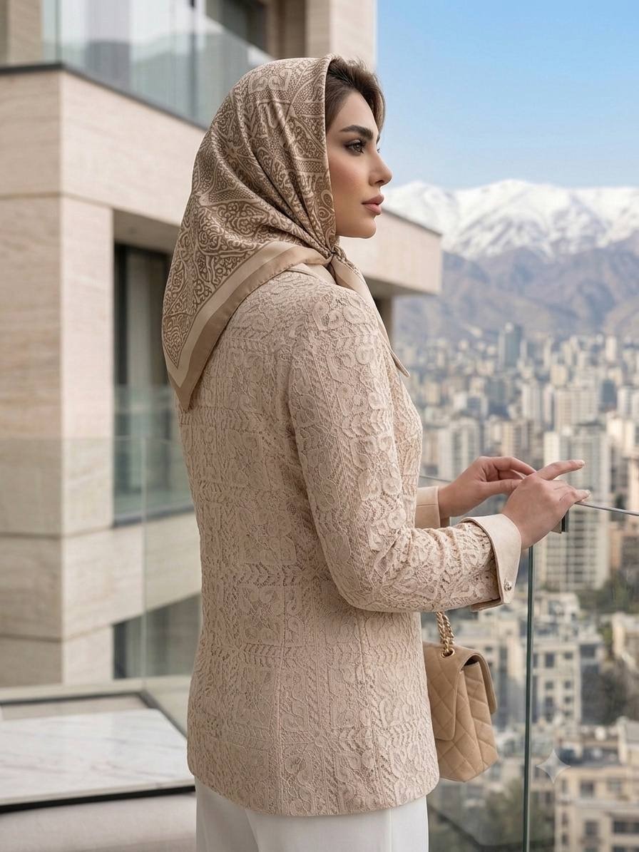 مانتو بافت بژ با شلوار سفید تصویر 2