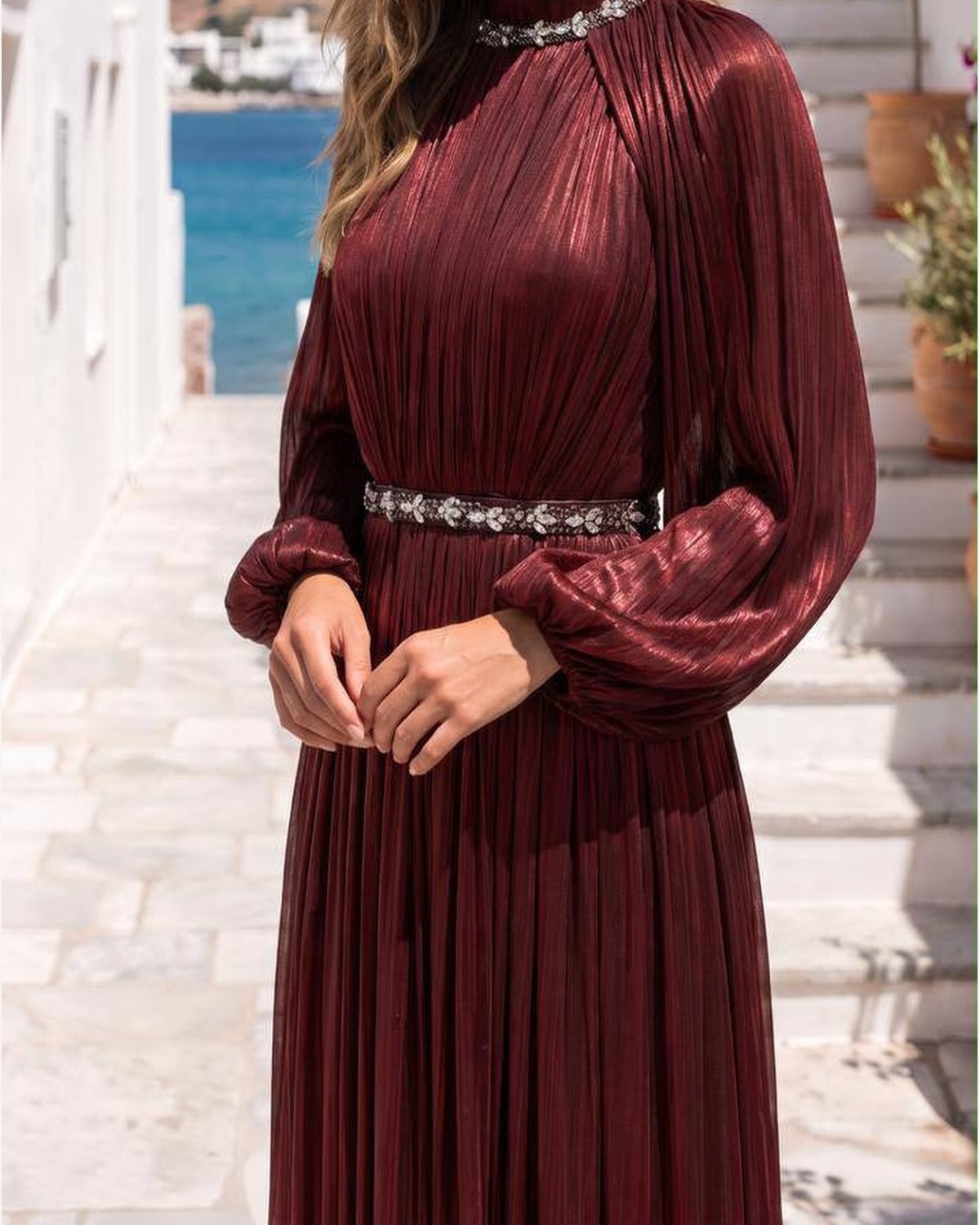 لباس شب زرشکی پلیسه آستینبلند