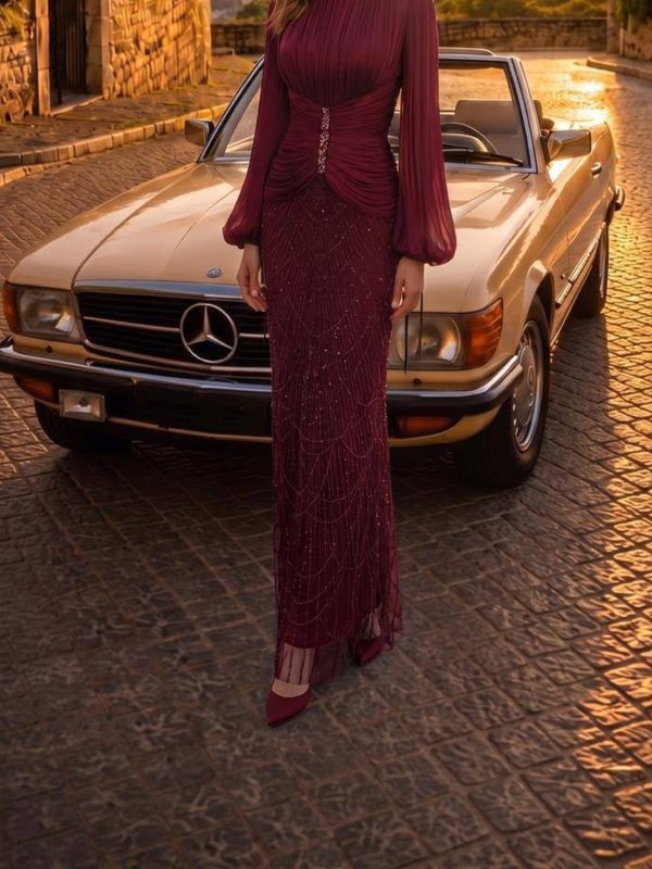 پیراهن مجلسی زرشکی بالاتنه پلیسه و کمر جمع