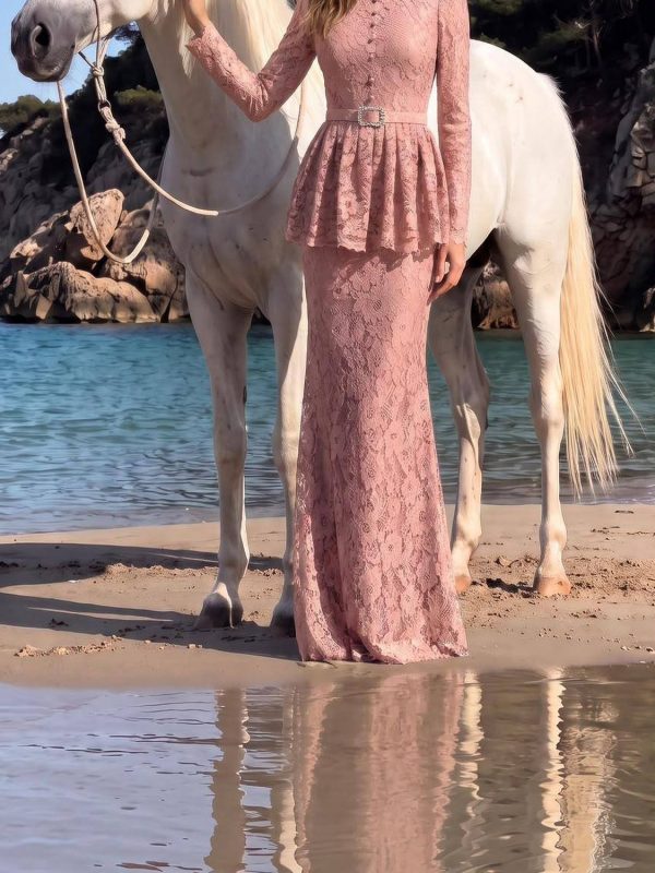 لباس شب صورتی روشن دانتل پپلوم کمربنددار