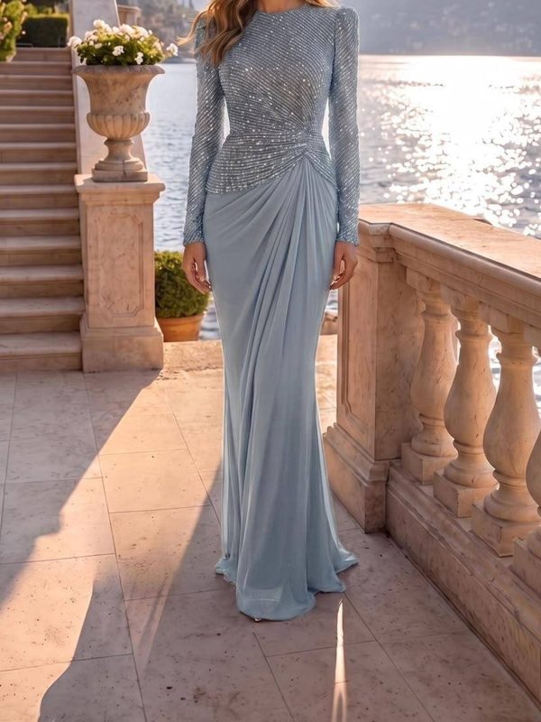 لباس شب آبی آسمانی چیندار کمر با برش جذب