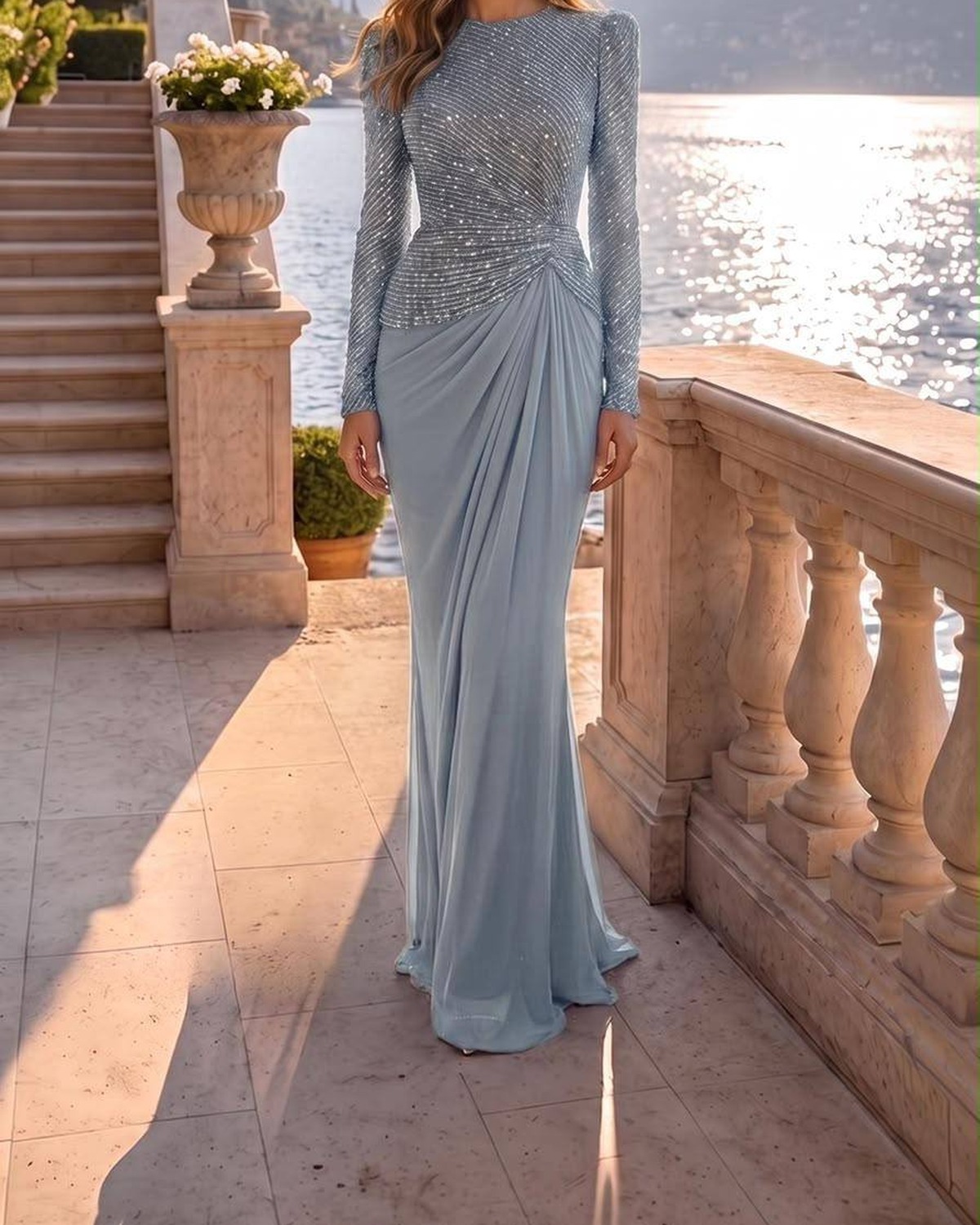 لباس شب آبی آسمانی چیندار کمر با برش جذب